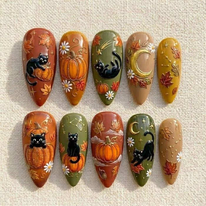 Halloween Autumn Black Cat and Pumpkin Press On Nails With Raised Gold Scrollwork
