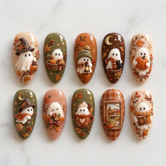 Halloween Autumn Ghost Press On Nail Set With Pumpkins, Plaid, Leaves, Moons and Stars