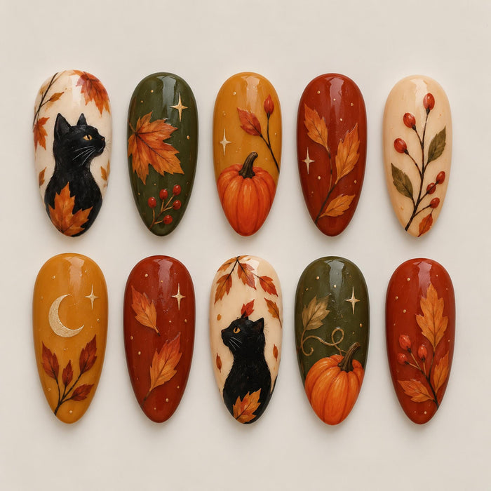 Halloween Autumn Leaves, Pumpkin, Black Cat, and Celestial Press On Nail Set