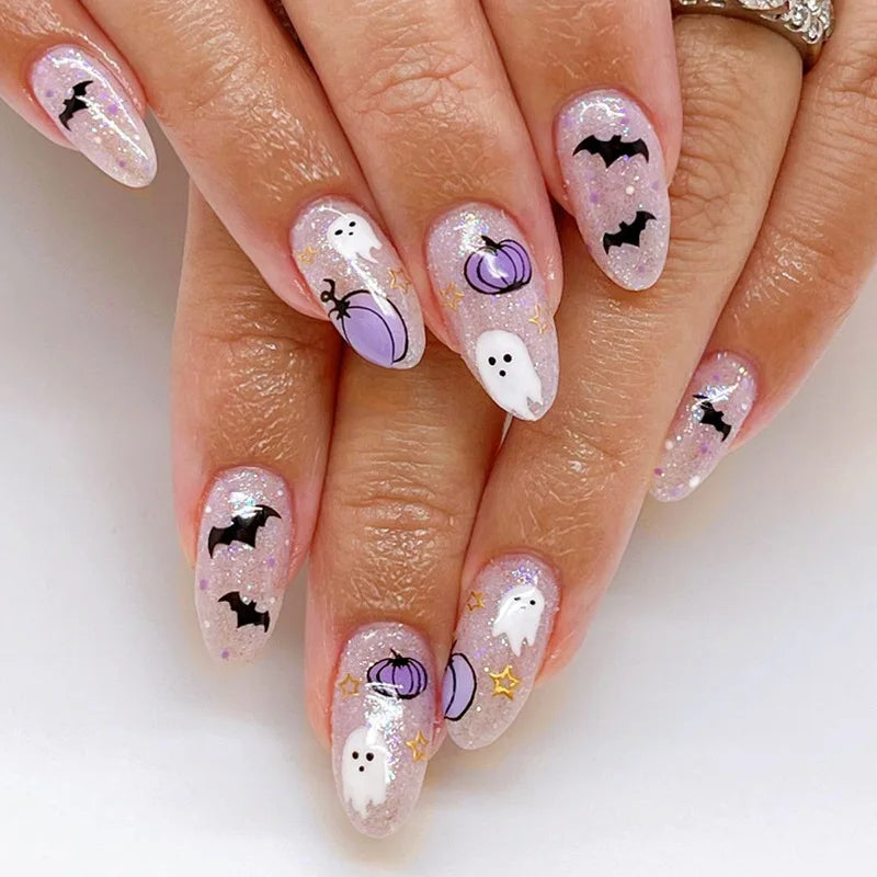 Halloween Bat and Pumpkin Press-On Nails with Glitter
