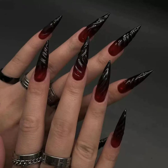 Halloween Black and Deep Red Ombre Press On Nails with 3D Twisted Spiral Ridges