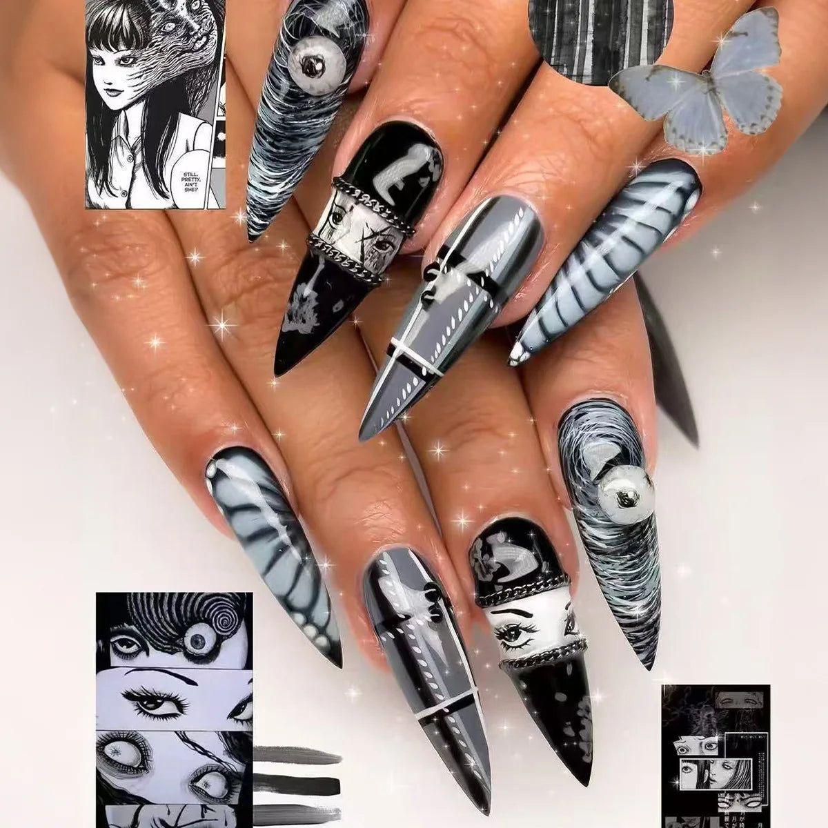 Halloween Black and Gray Manga Eye Nail Set with Striped and Swirl Designs