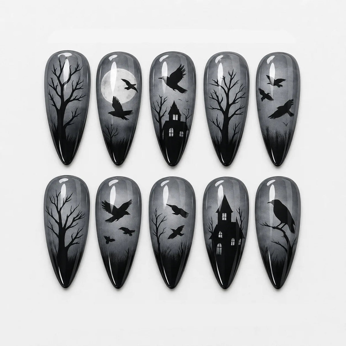 Halloween Black and Gray Ombré Press On Nails with Haunted Houses, Crows, and Bare Trees