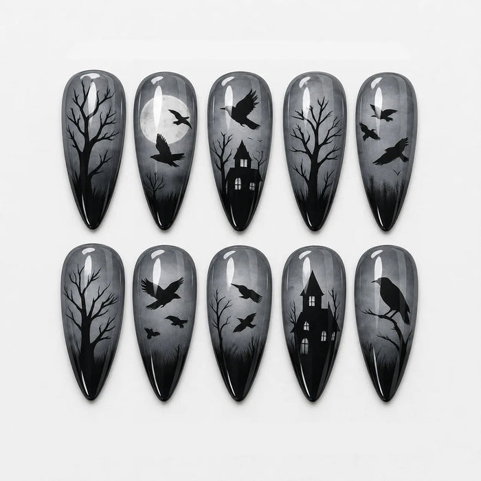 Halloween Black and Gray Ombré Press On Nails with Haunted Houses, Crows, and Bare Trees