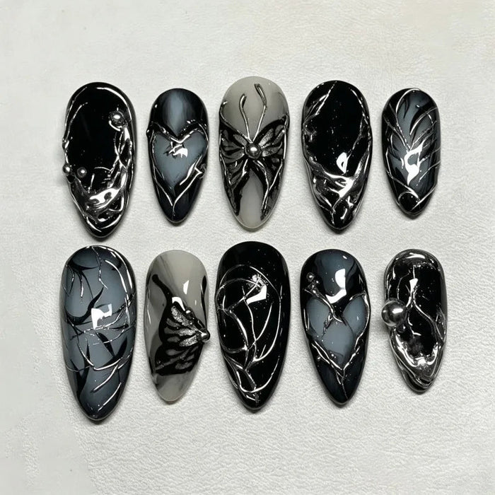 Halloween Black and Silver Marbled Butterfly Press On Nails