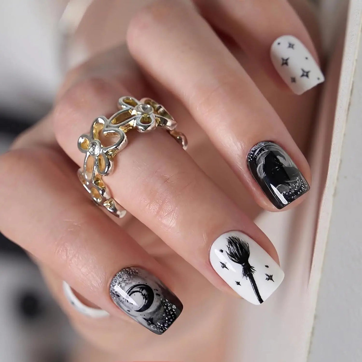 Halloween Black and White Celestial Moon and Star Press-On Nail Set