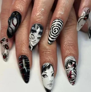 Halloween Black and White Horror Manga Portrait Swirl Press On Nails