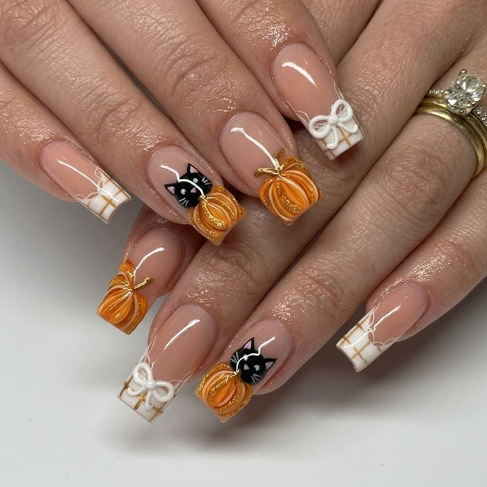 Halloween Black Cat and 3D Pumpkin Press On Nails with Plaid French Tips and White Bows