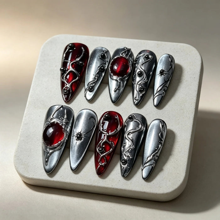 Halloween Blood Red and Silver Chrome Snake & Spider Press On Nails