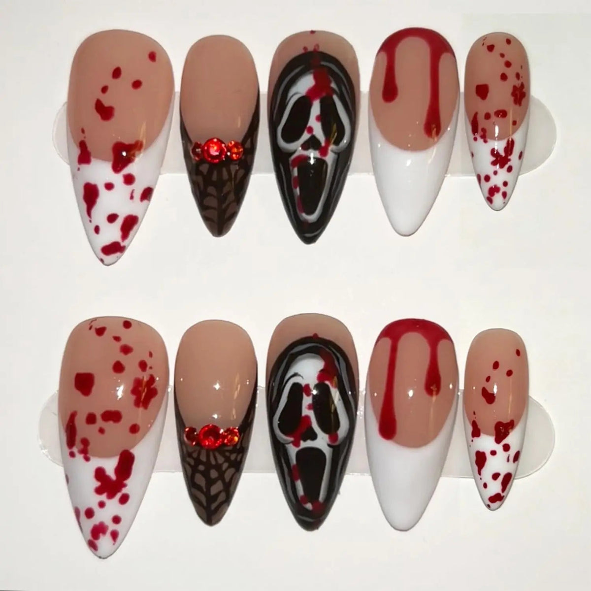 Halloween Blood Splatter Mask Press On Nails With Red Rhinestones