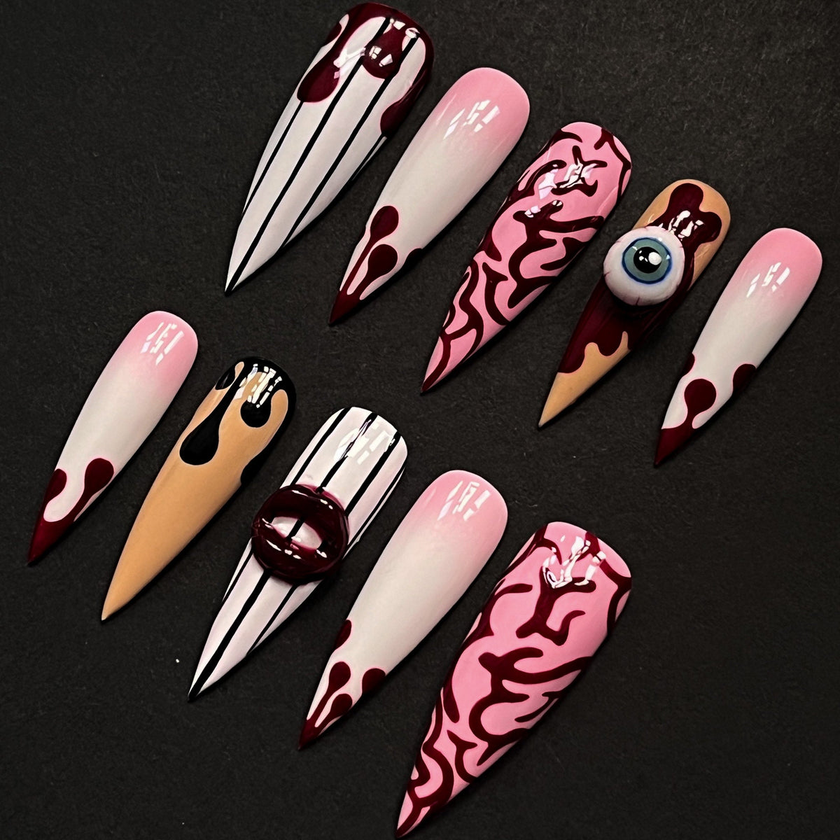 Halloween Bloody Eye Press On Nails with Blood Drips and Raised 3D Details