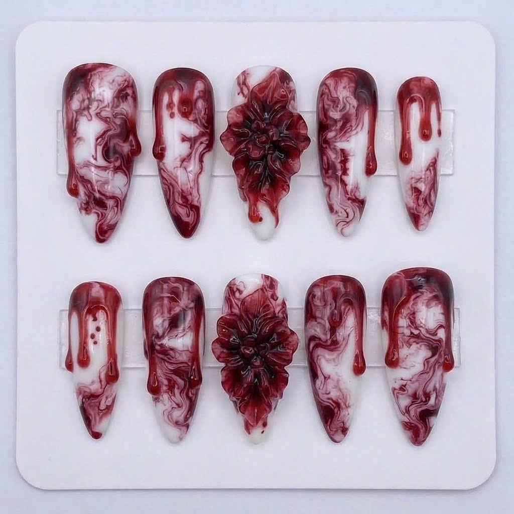 Halloween Bloody Red Marble Nails With 3D Sculpted Roses