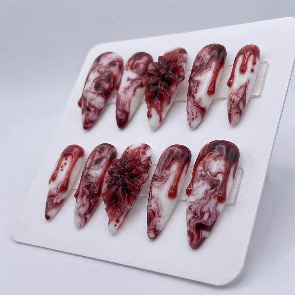 Halloween Bloody Red Marble Nails With 3D Sculpted Roses
