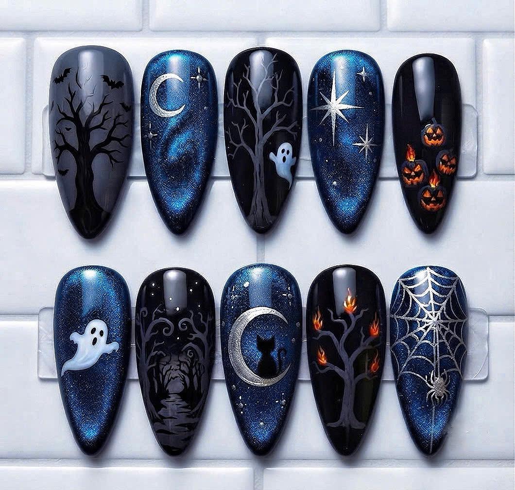 Halloween Blue Cat-Eye Night Sky Press-On Nail Set With Ghosts, Pumpkins and Spiderwebs