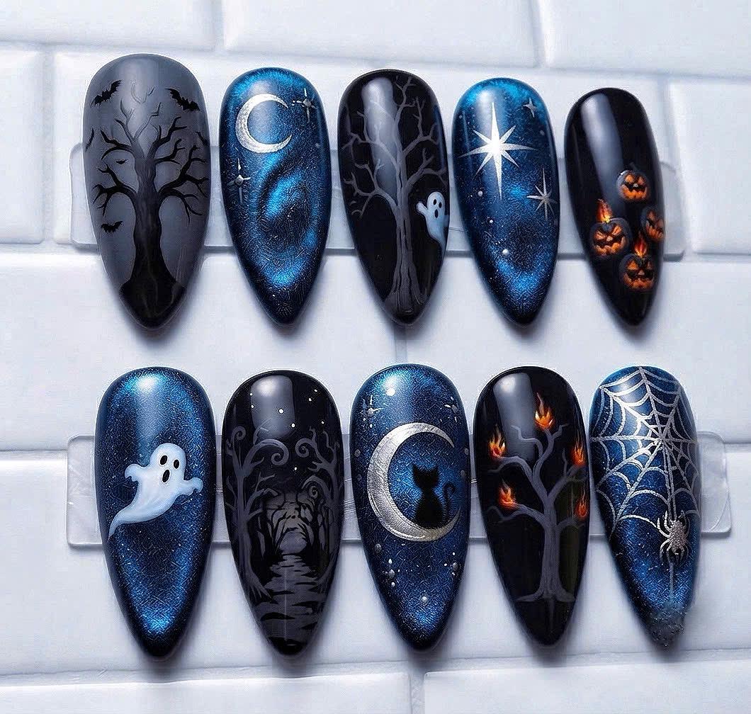 Halloween Blue Cat-Eye Night Sky Press-On Nail Set With Ghosts, Pumpkins and Spiderwebs