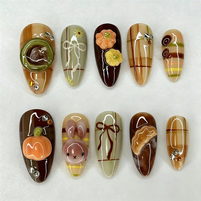 Halloween Brown Plaid Pumpkin Press On Nails With Floral and 3D Accents