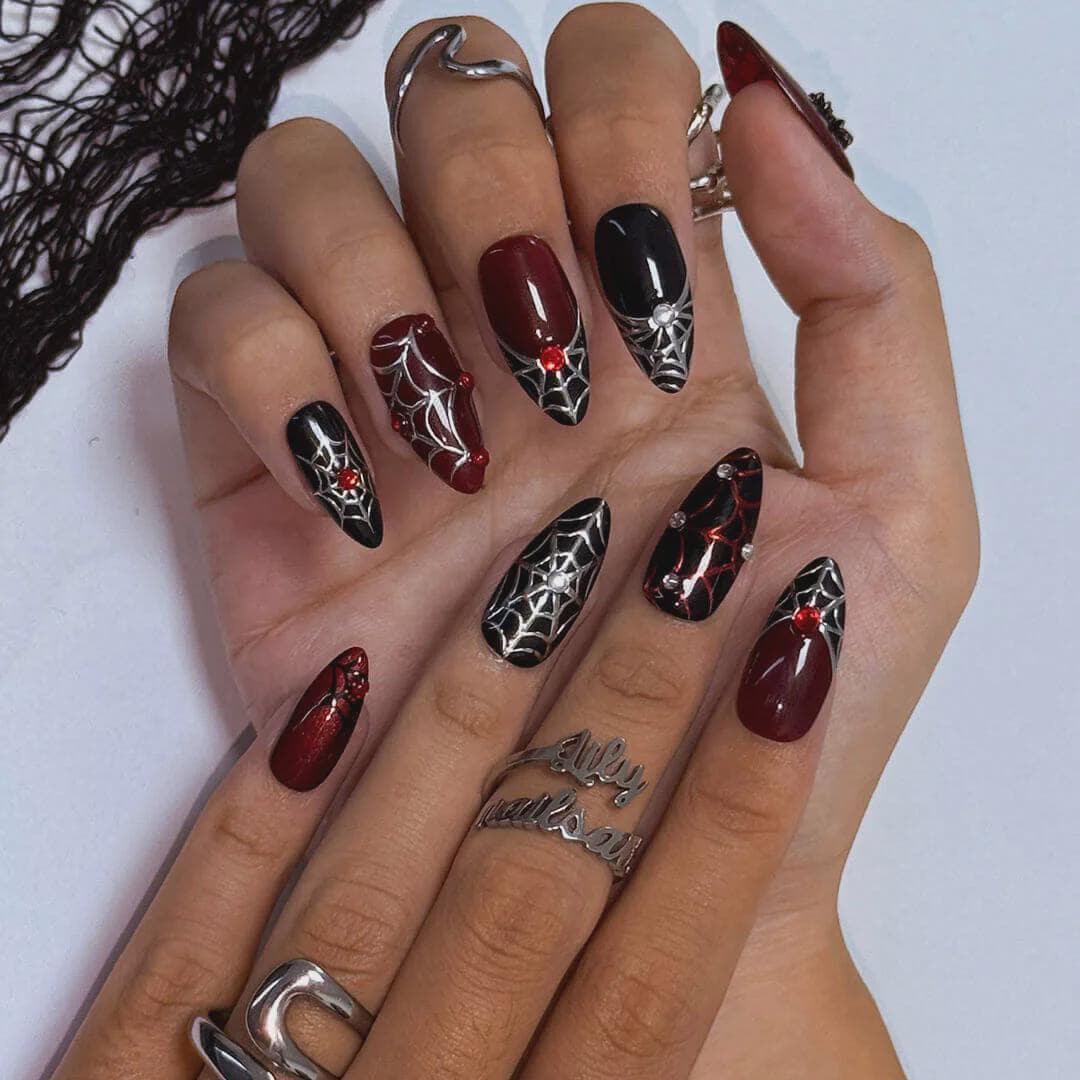 Halloween Burgundy, Black and Silver Spiderweb Press-On Nail Set