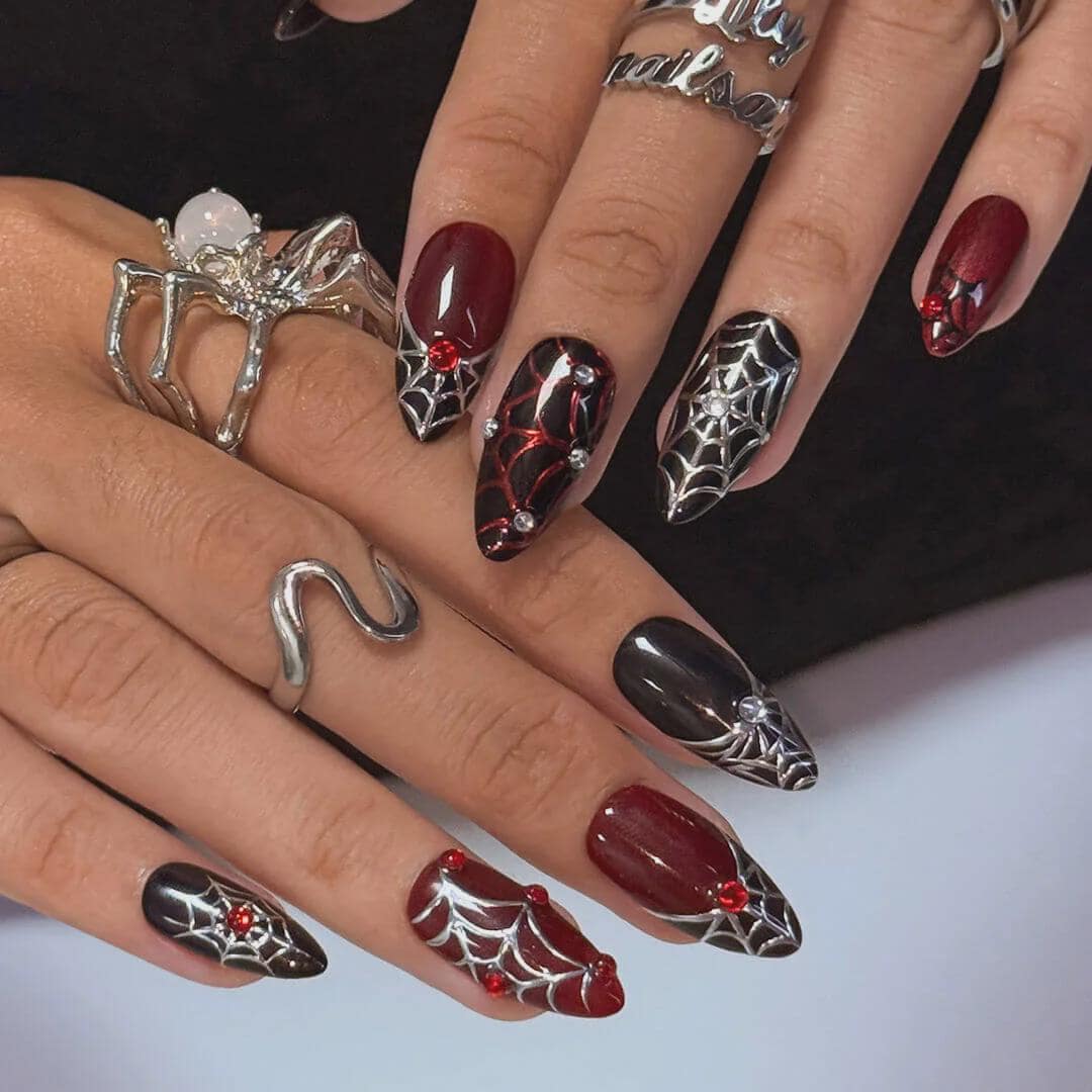 Halloween Burgundy, Black and Silver Spiderweb Press-On Nail Set