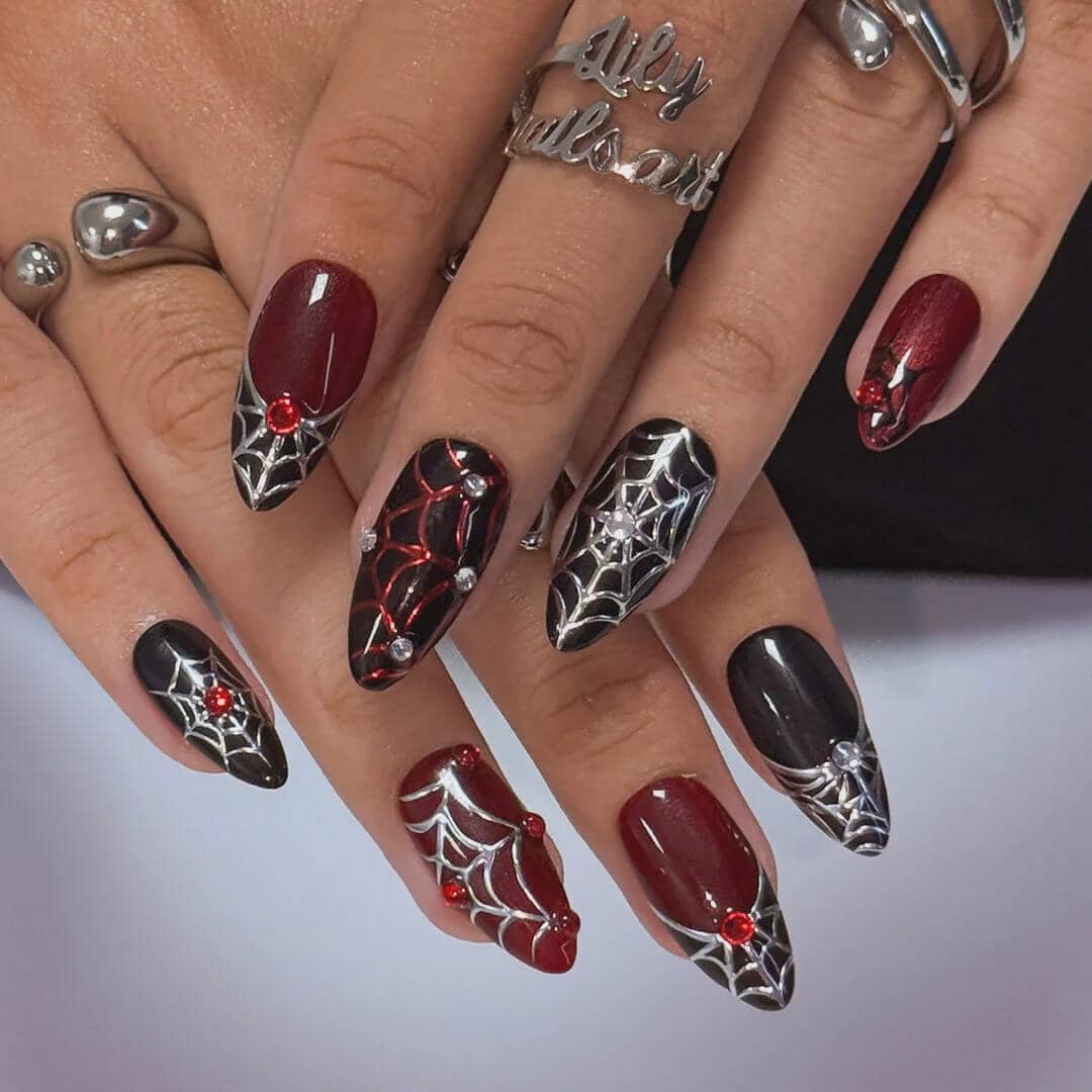 Halloween Burgundy, Black and Silver Spiderweb Press-On Nail Set