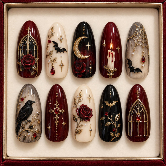 Halloween Burgundy Gothic Rose and Raven Press On Nails with Antique Gold Details