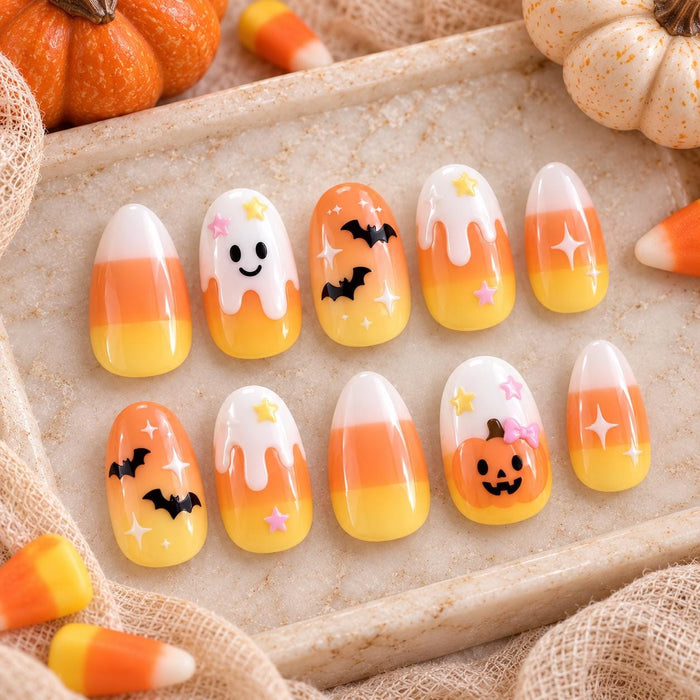Halloween Candy Corn Press On Nails With Ghosts, Bats and Pumpkin