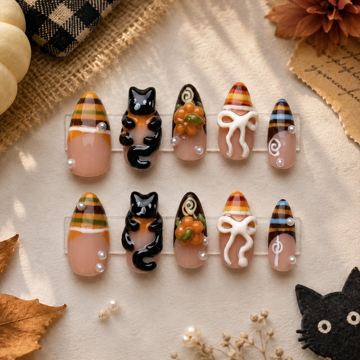 Halloween Cat and Pumpkin Nails with Plaid Tips and 3D Ghost Accents