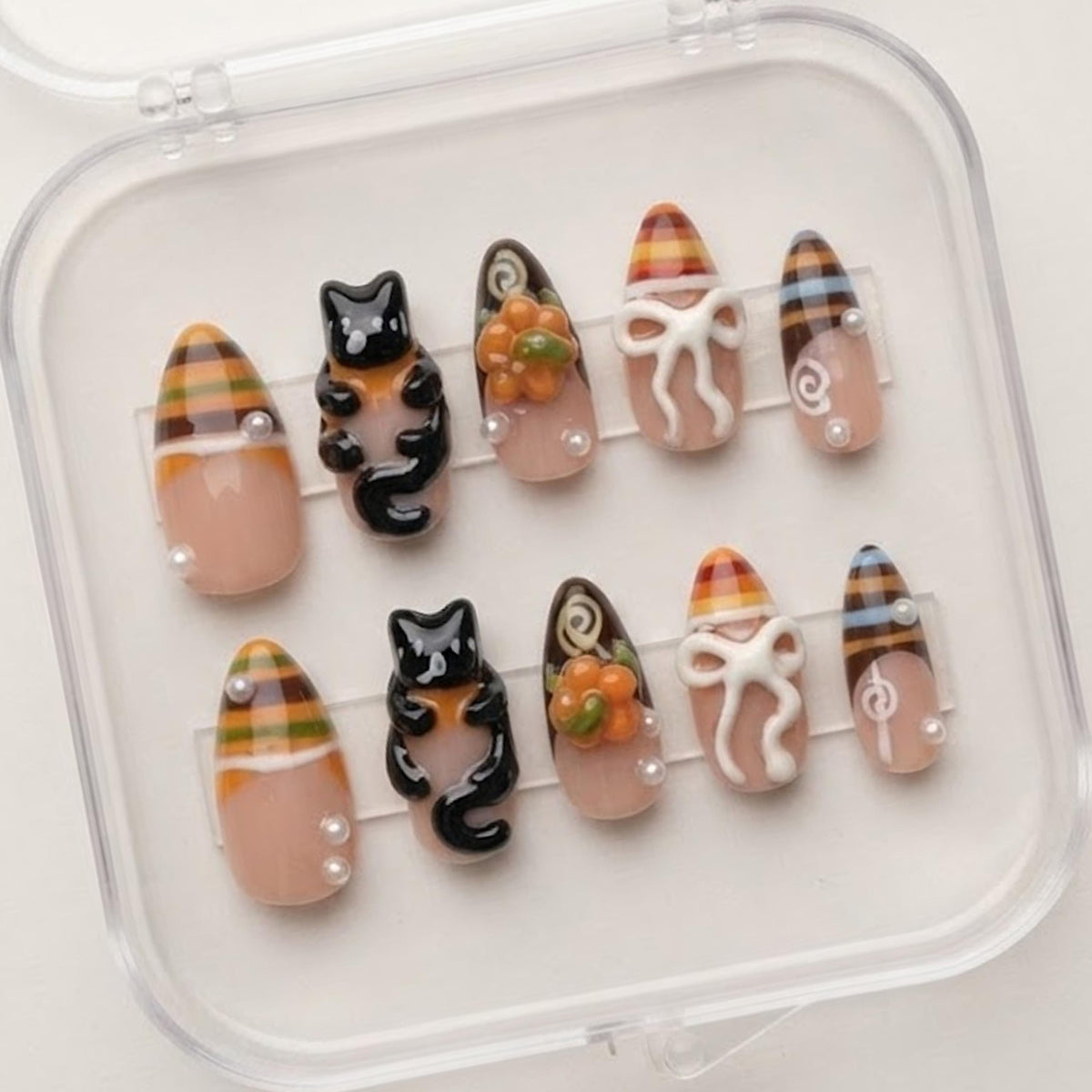 Halloween Cat and Pumpkin Nails with Plaid Tips and 3D Ghost Accents