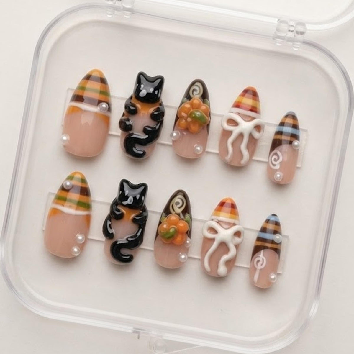 Halloween Cat and Pumpkin Nails with Plaid Tips and 3D Ghost Accents