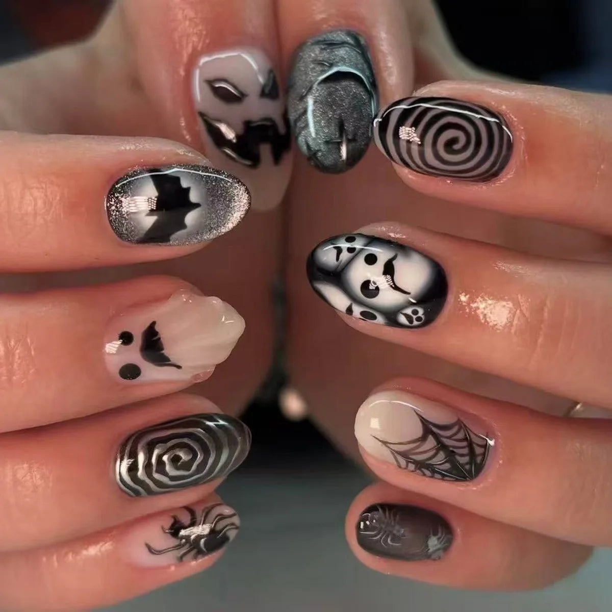 Halloween Cat Eye French Tip Nails With Ghosts, Bats, Spiders, and Swirls