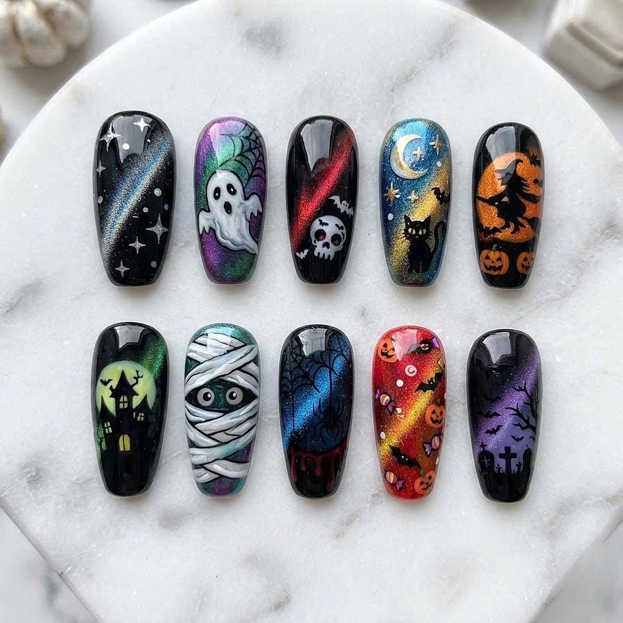 Halloween Cat Eye Nails With Ghosts, Skulls, Pumpkins and Spooky Night Scenes