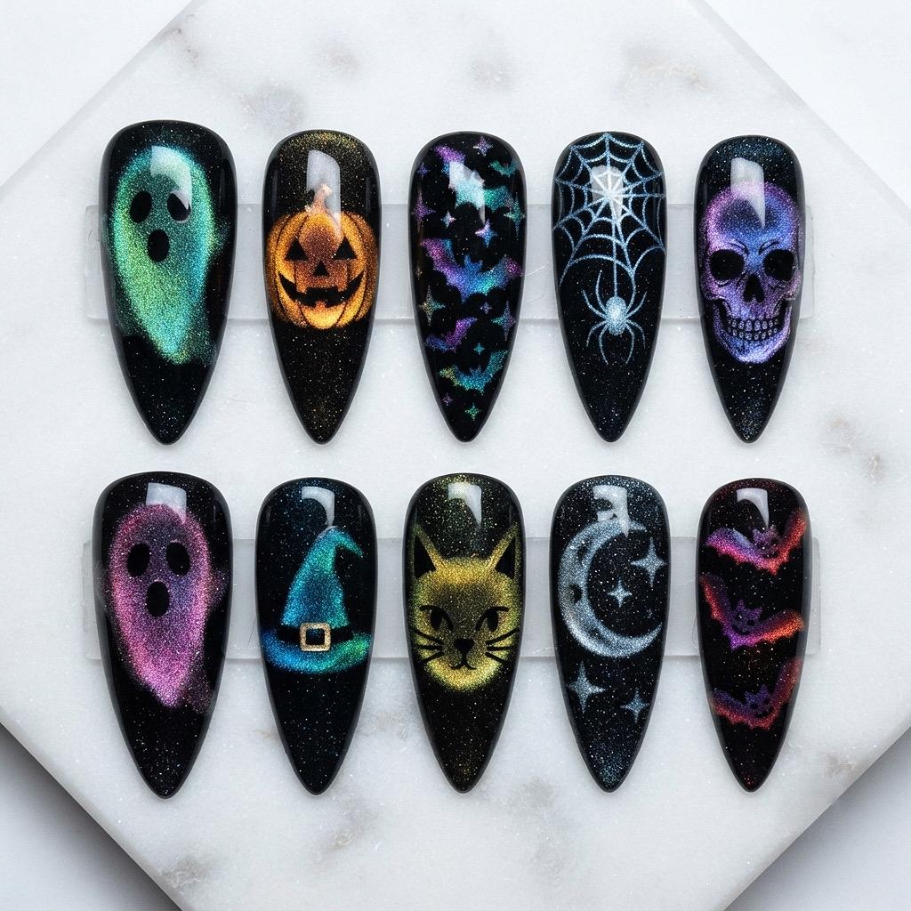Halloween Cat Eye Press On Nails With Ghosts, Pumpkin, Bats and Spiderweb