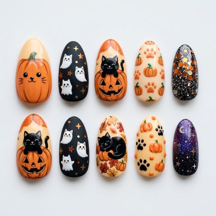 Halloween Cat, Ghost and Pumpkin Press On Nail Set with Fall Leaves and Glitter