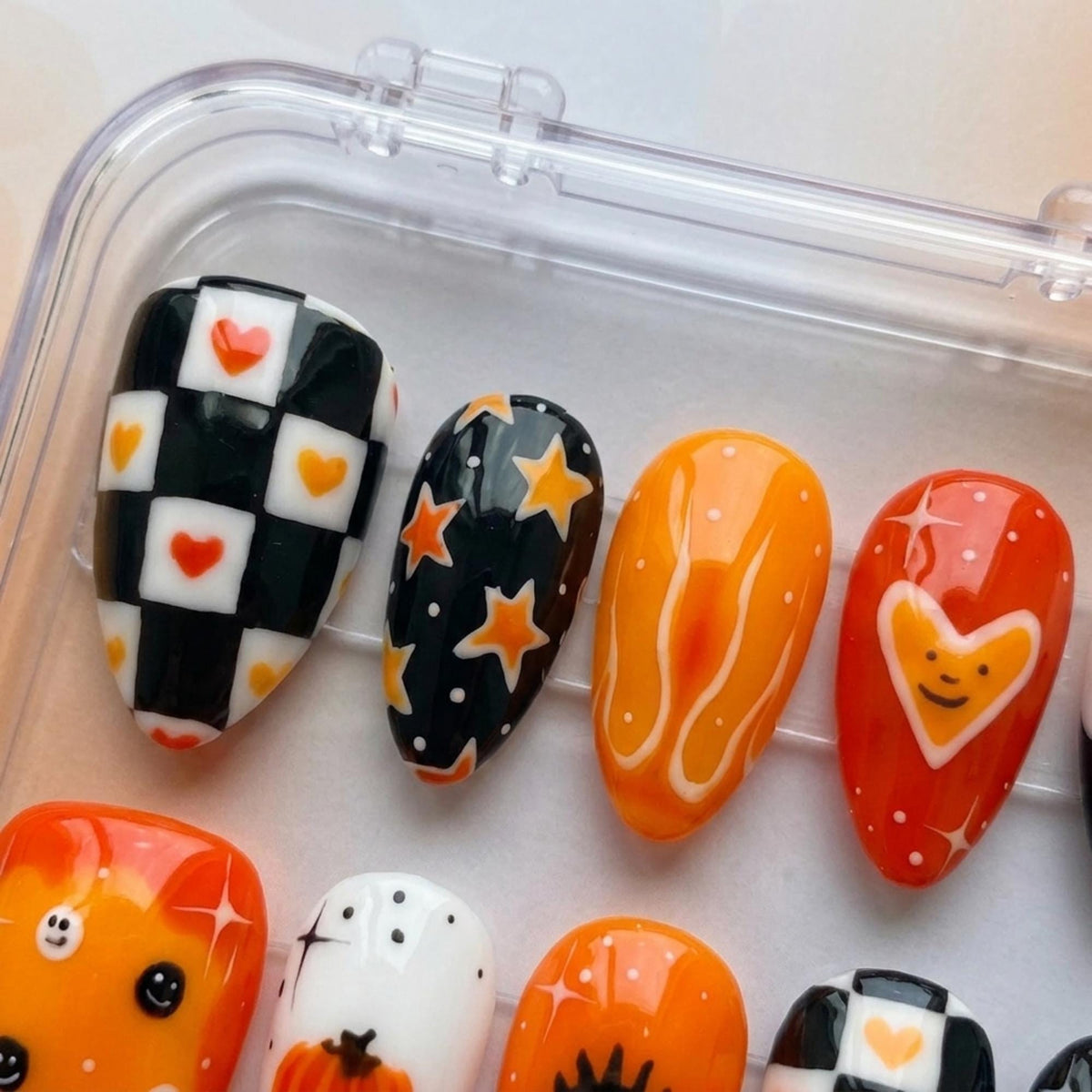 Halloween Checkerboard Ghost, Pumpkin, and Lightning Bolt Press-On Nails