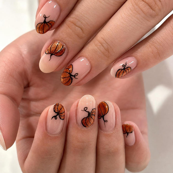 Halloween Copper Glitter Pumpkin Press On Nails With Black Details
