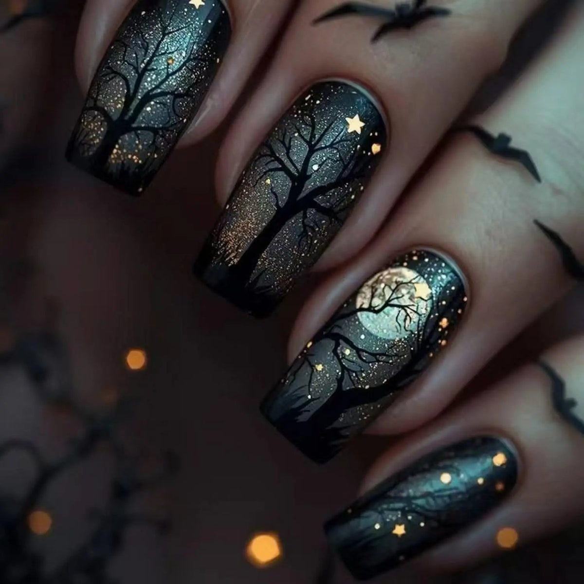 Halloween Dark Forest Night Press On Nails With Glitter, Tree Silhouettes & Gold Stars