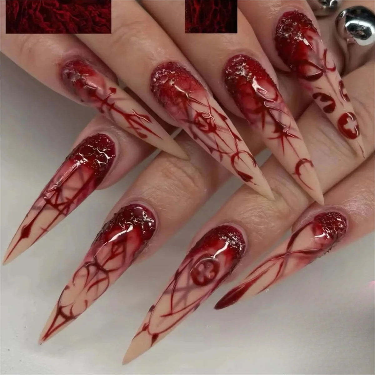 Halloween Deep Red Blood Swirl Press On Nails with Nude Base
