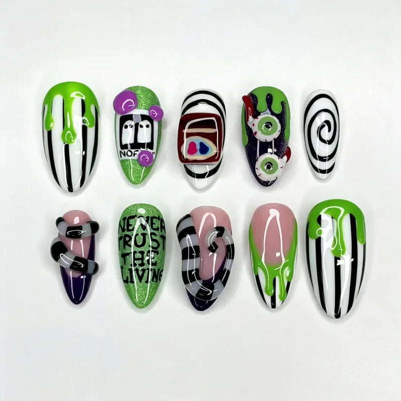 Halloween Eyeball and Swirl Press On Nails in Black, Green and White