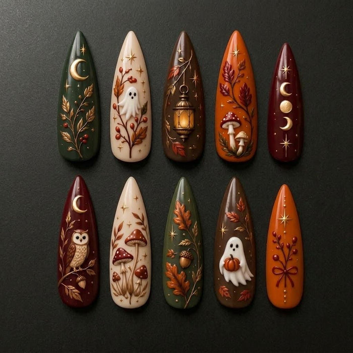 Halloween Forest Press On Nails with Ghosts, Mushrooms, Lantern and Autumn Leaves