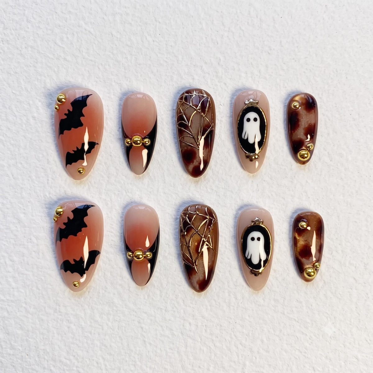 Halloween Ghost and Bat Nails with Tortoiseshell and Gold Web Details