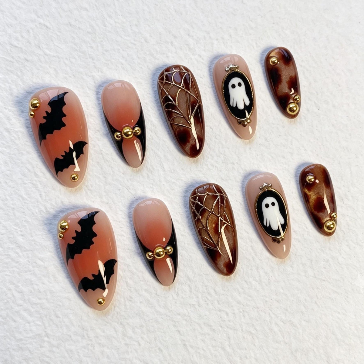 Halloween Ghost and Bat Nails with Tortoiseshell and Gold Web Details
