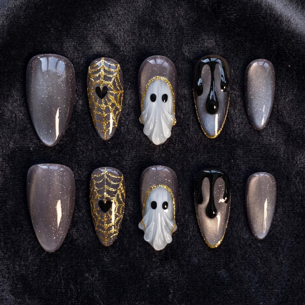 Halloween Ghost and Gold Spiderweb Press On Nail Set