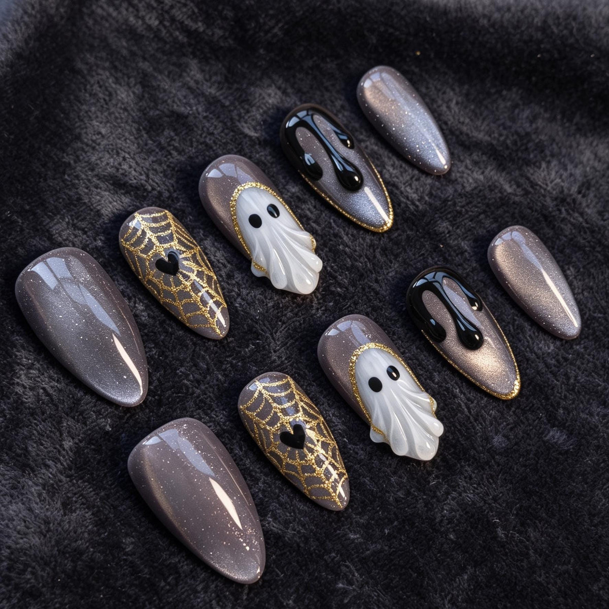 Halloween Ghost and Gold Spiderweb Press On Nail Set