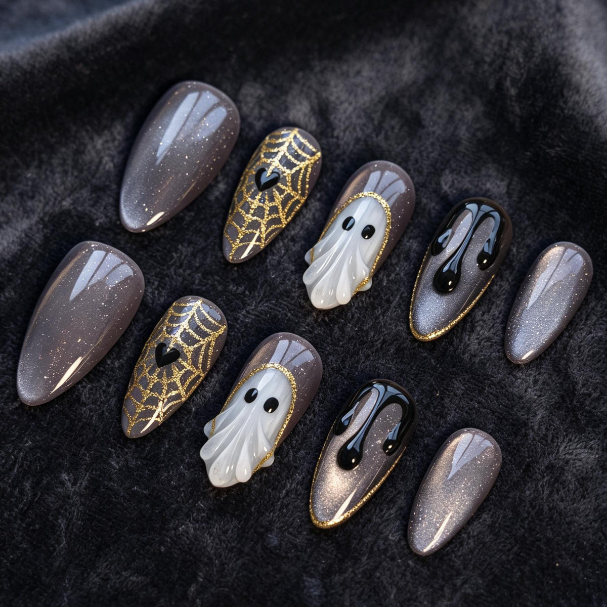 Halloween Ghost and Gold Spiderweb Press On Nail Set