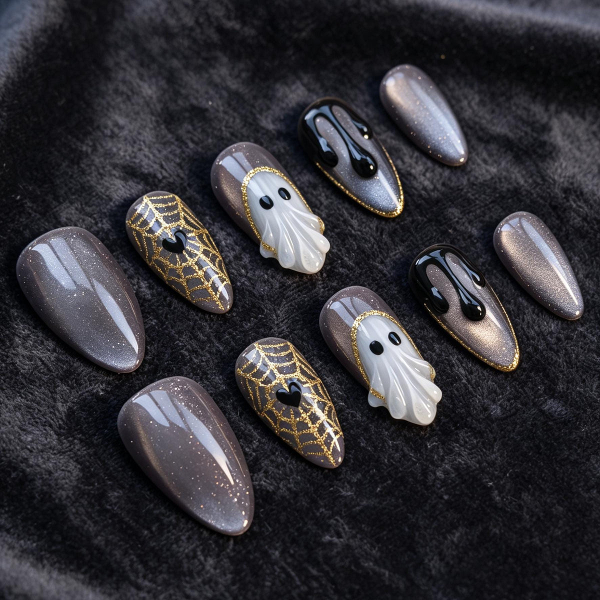 Halloween Ghost and Gold Spiderweb Press On Nail Set