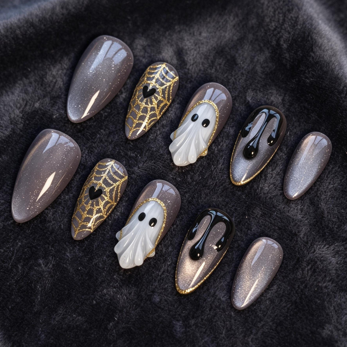 Halloween Ghost and Gold Spiderweb Press On Nail Set