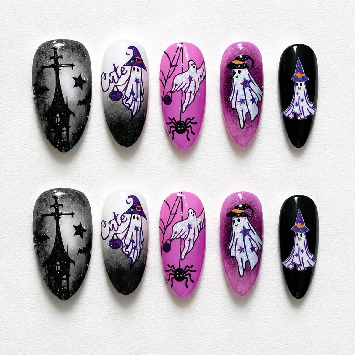 Halloween Ghost and Haunted Castle Nail Set with Spider and Glitter Details