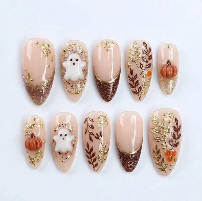 Halloween Ghost and Pumpkin Press On Nails With Brown Glitter French Tips and Gold Leaf
