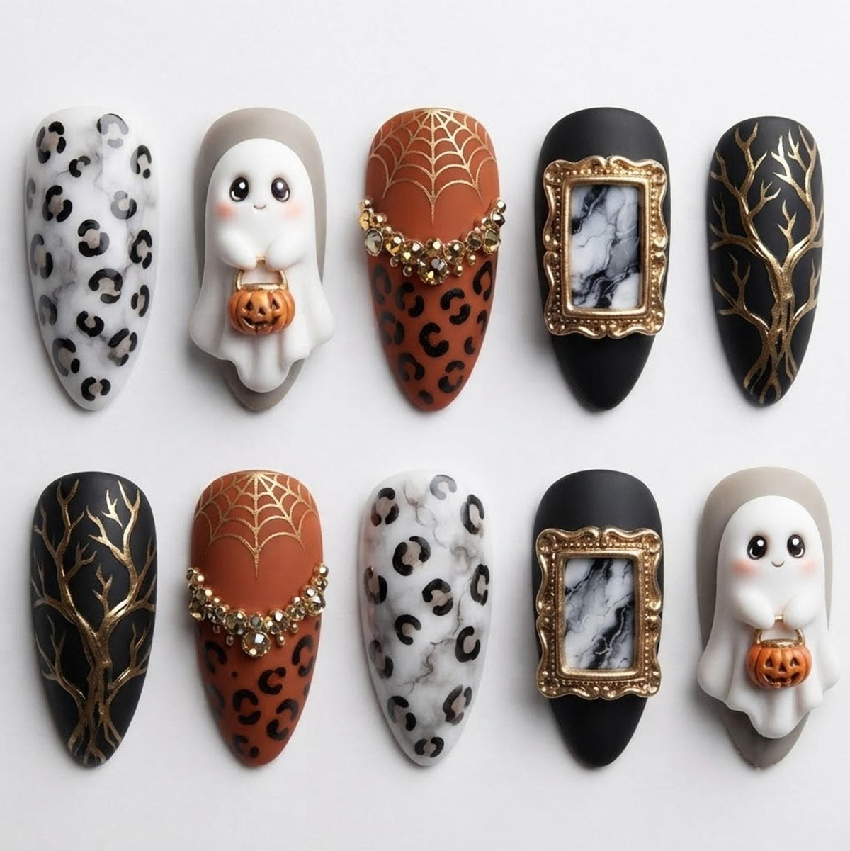 Halloween Ghost and Pumpkin Nails with Leopard Print, Gold Spiderwebs and Marble Accents