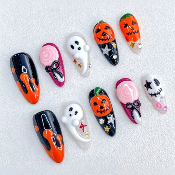 Halloween Ghost and Pumpkin Press On Nail Set With Pink Swirls and Bows