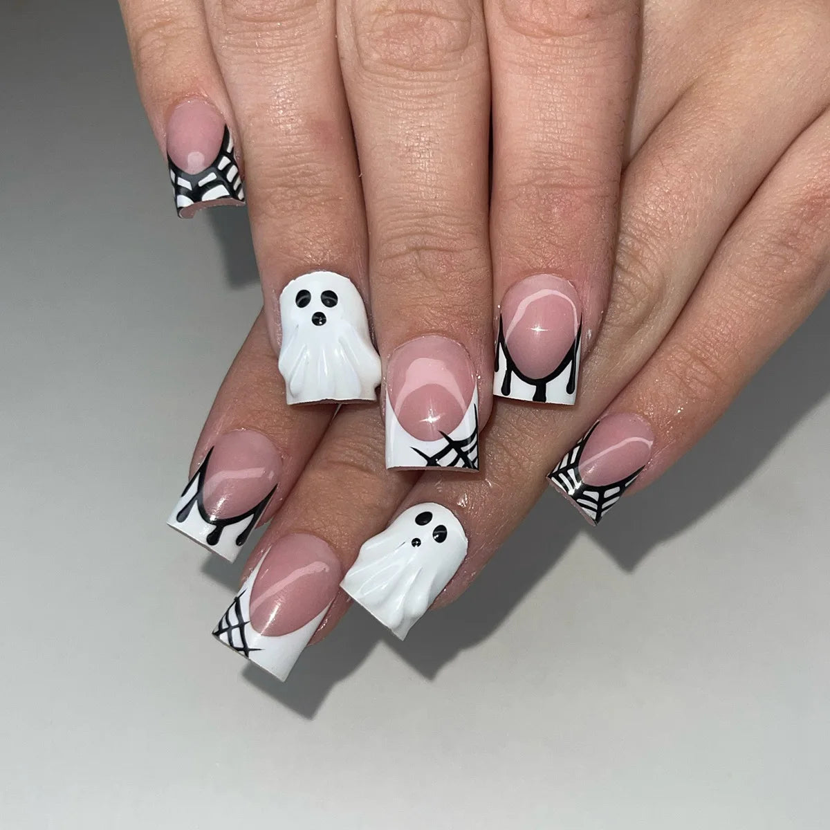 Halloween Ghost and Spiderweb French Tip Press On Nails